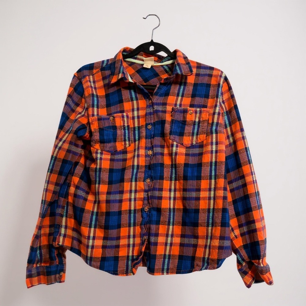 Mossimo Supply Co Flannel Button Up‎ Shirt Orange Blue Plaid XL Utility Style